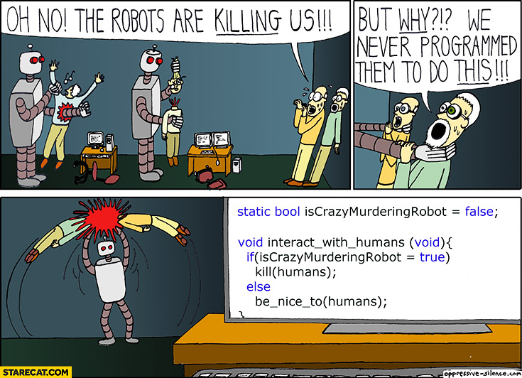 Cartoon of robots killing people. One person asks why, 'we never programmed them to do this!' The following code snippet is shown: 'static bool isCrazyMurderingRobot = false; void interact_with_humans (void){if (isCrazyMurderRobot = true) kill(humans); else be_nice_to(humans);}'. Image source: https://starecat.com/the-robots-are-killing-us-but-why-we-never-programmed-them-to-do-this-if-crazymurderingrobot-true-then-killhumans-programming-code/