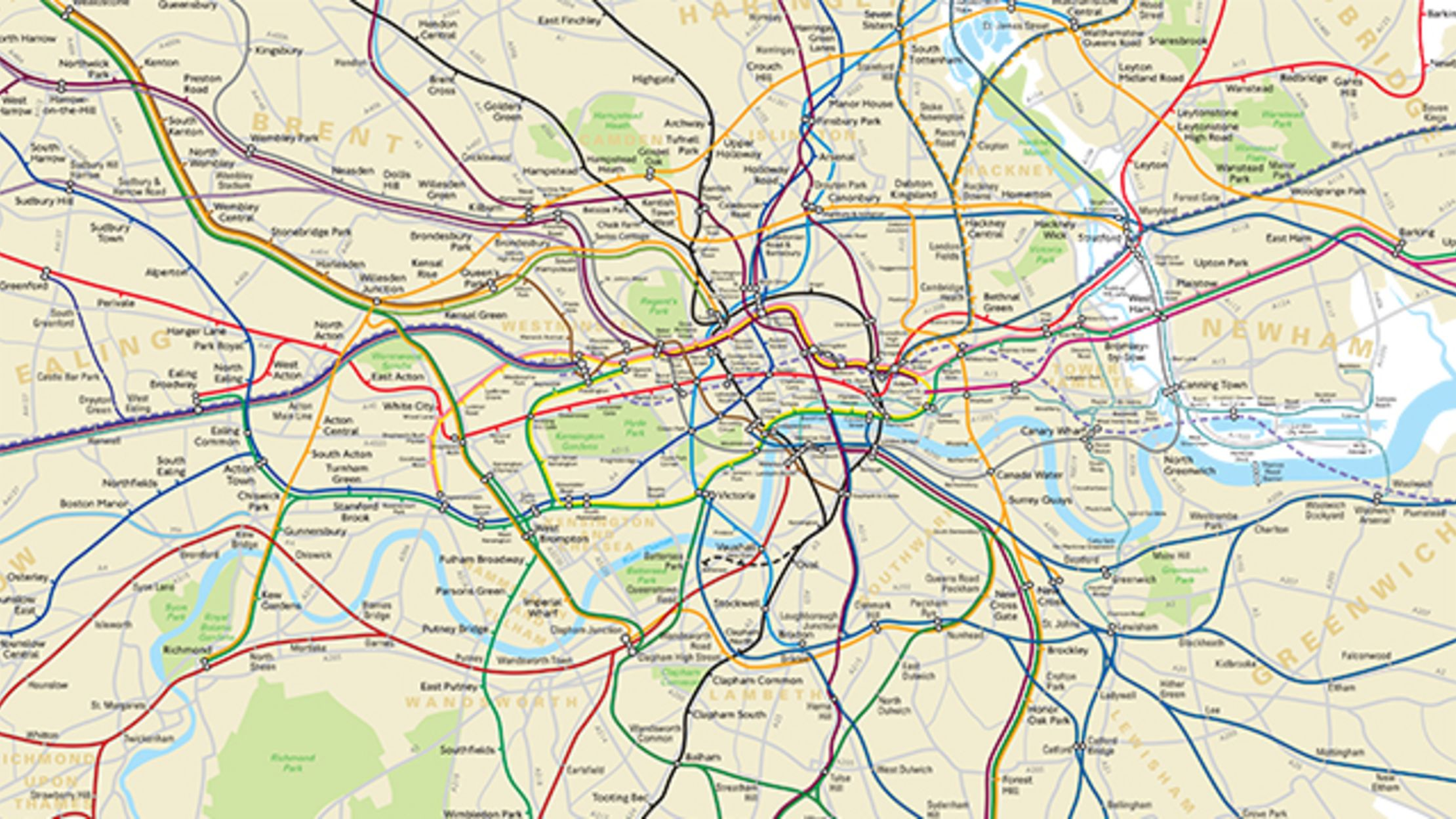 A geographically accurate London transit map. Image source: https://www.theatlantic.com/entertainment/archive/2015/09/behold-the-geographically-accurate-tube-map/405967/